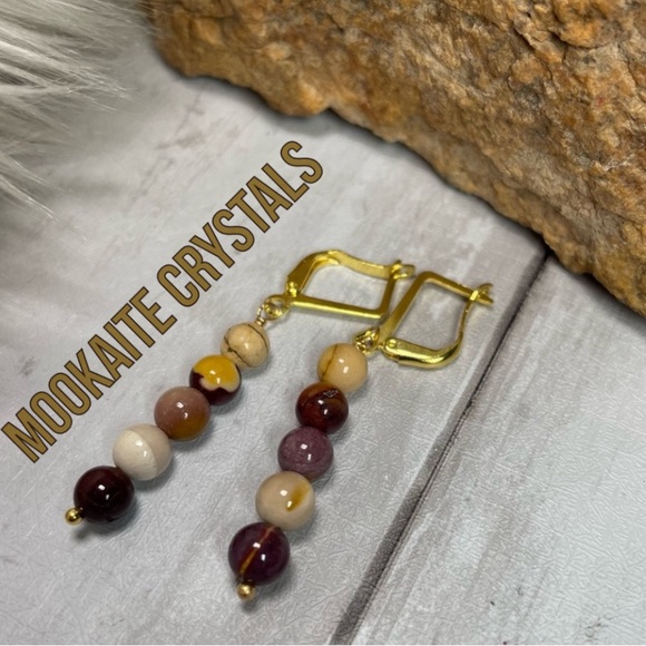 Mookaite Gemstone Minimalist Dangle Earrings Boho Style Jewelry - Picture 1 of 15